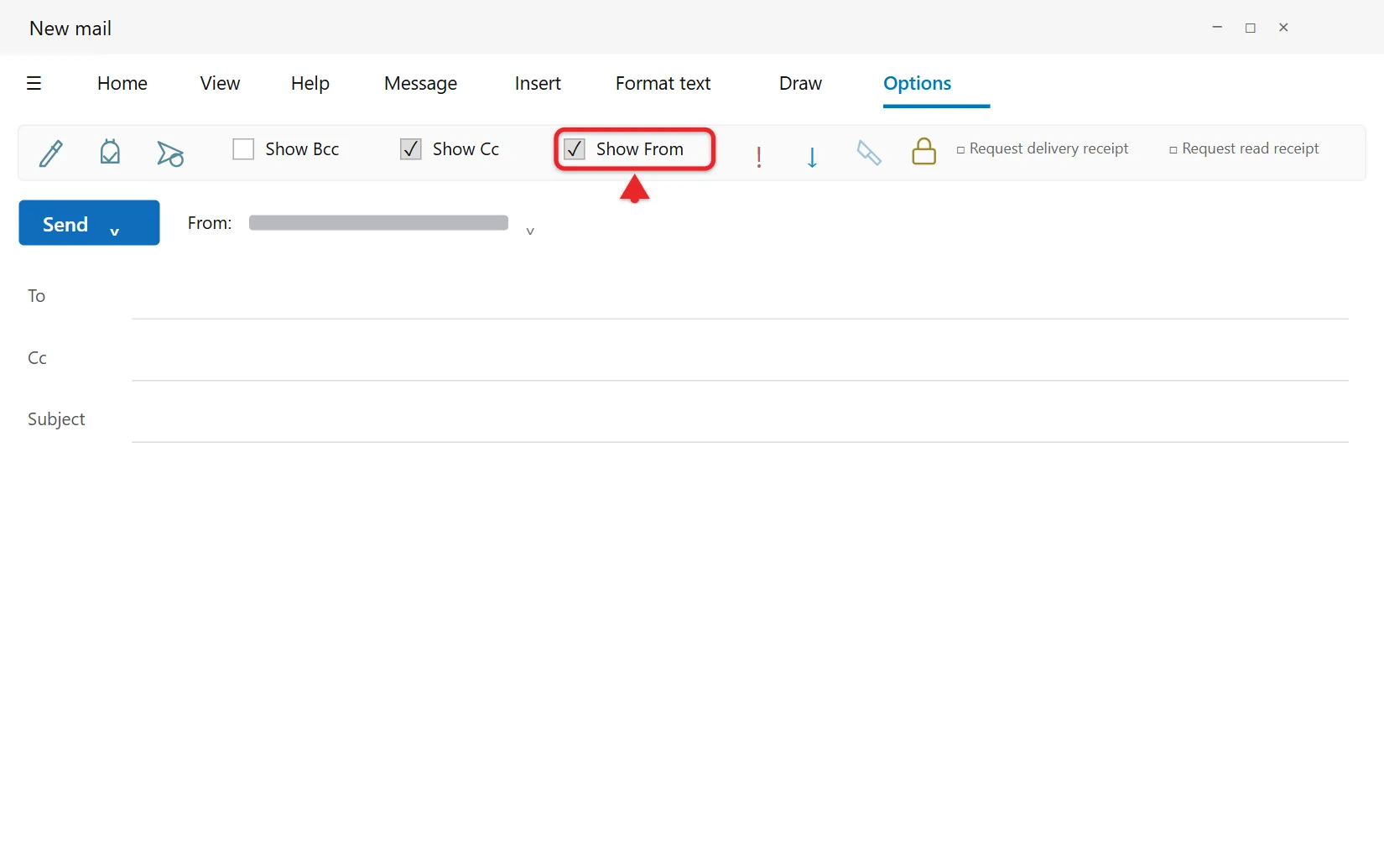 How to Show the From Field in Outlook 1 New Outlook message Options tab with Show From highlighted in the Show fields group