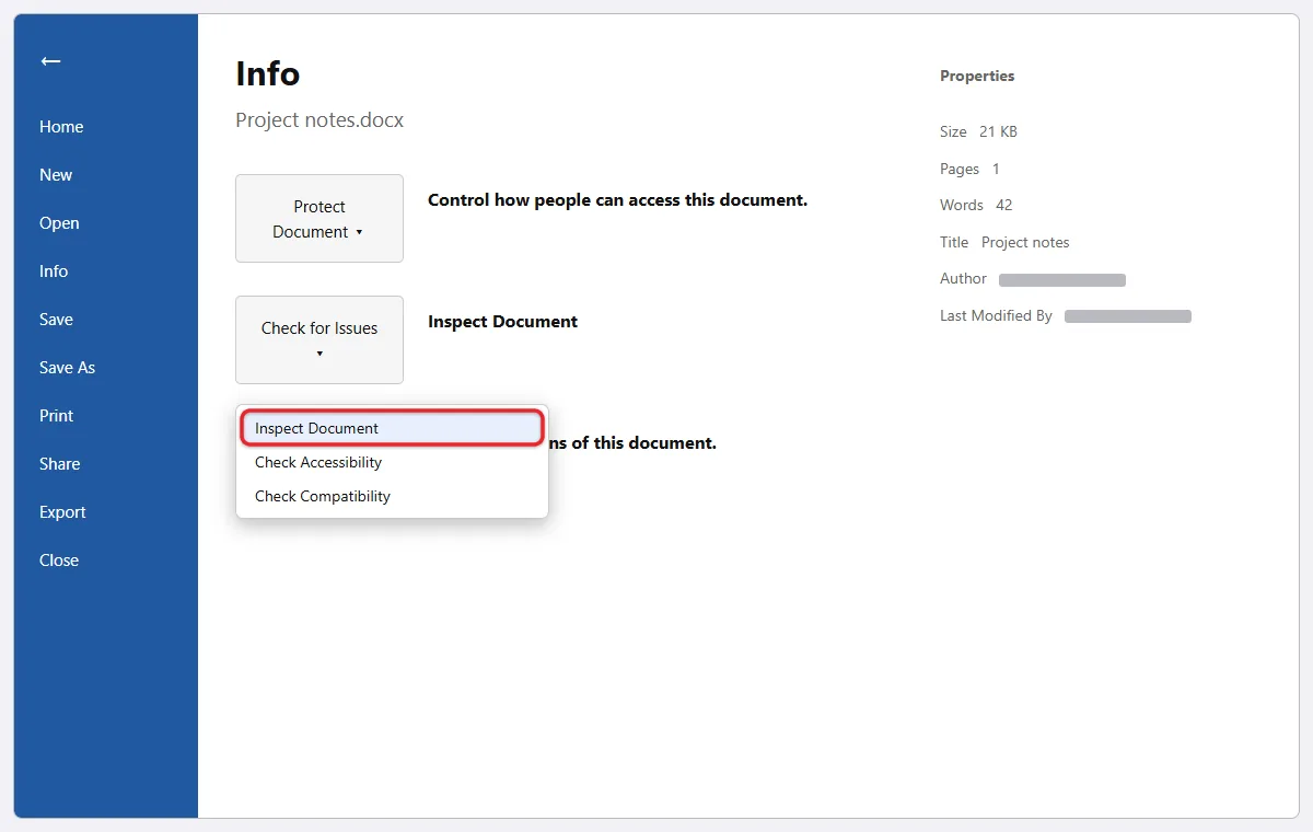 How to Remove Personal Information From a Word Document 1 Word File Info page with Check for Issues menu and Inspect Document