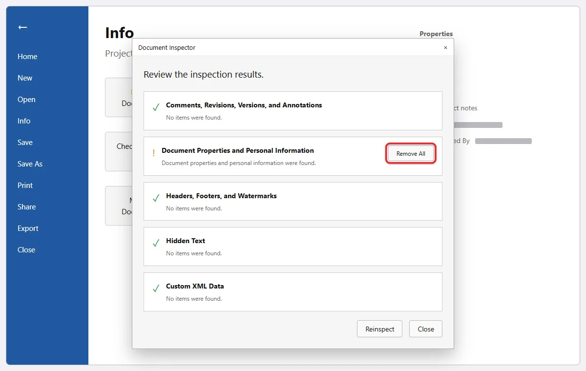 How to Remove Personal Information From a Word Document 2 Word Document Inspector results showing Remove All for personal information