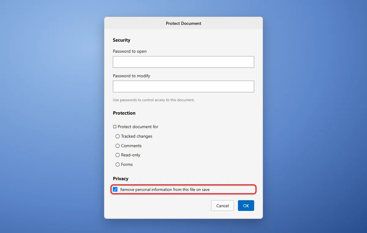 How to Remove Personal Information From a Word Document 3 Word for Mac Protect Document dialog with privacy option checked