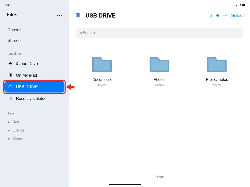 How to Access a USB Drive on iPad and Copy Files 1 Files app sidebar on iPad with a USB drive selected under Locations and its folders shown