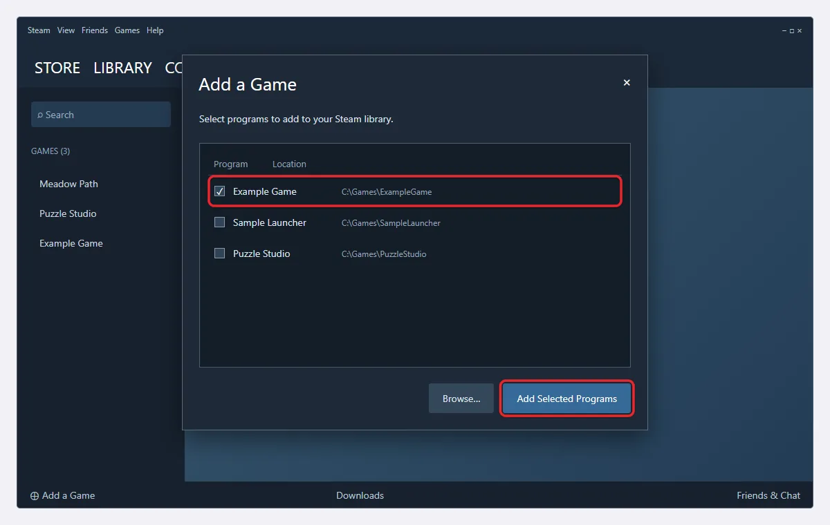 How to Add a Non-Steam Game to Steam 2 Steam Add a Game dialog listing installed programs