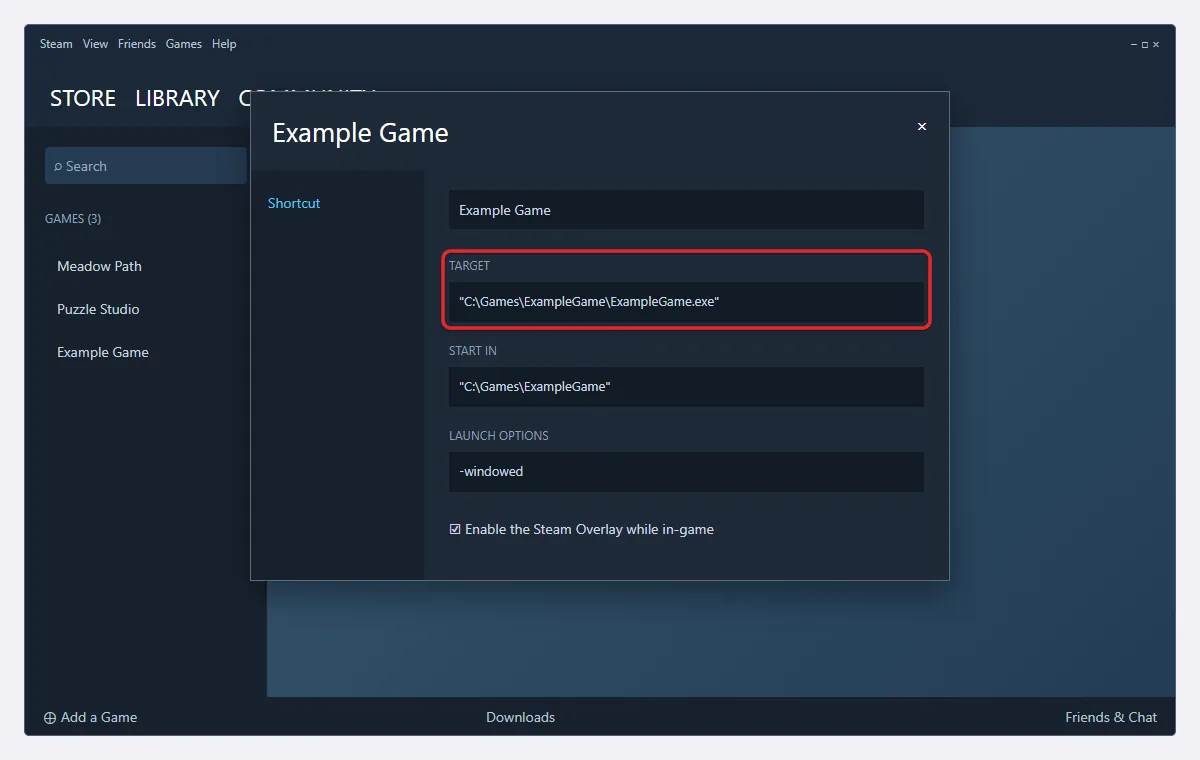 How to Add a Non-Steam Game to Steam 3 Steam shortcut properties for a non-Steam game