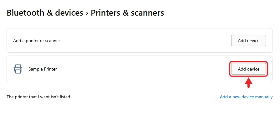 How to Add a Printer in Windows 11 1 Windows 11 Printers and scanners page listing a found printer with an Add device button