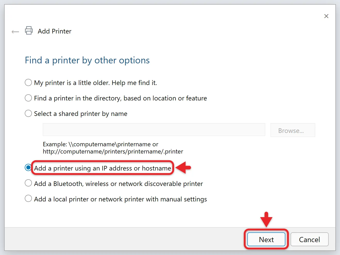 How to Add a Printer in Windows 11 5 Windows Add Printer dialog with the IP address or hostname option selected