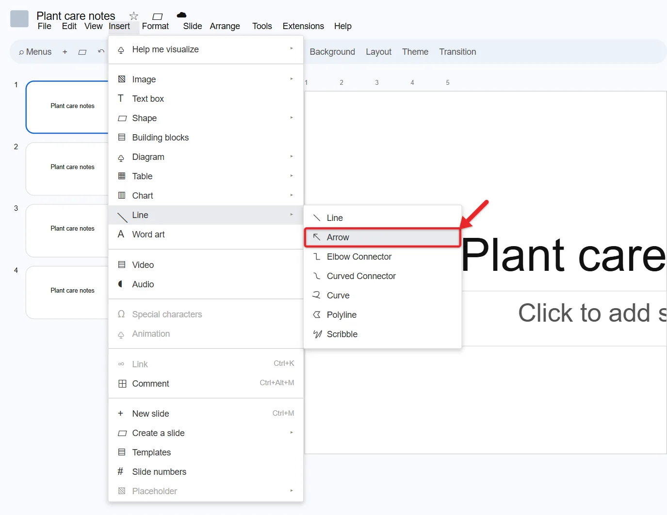 How to Add an Arrow in Google Slides 1 Google Slides Insert menu with the Line submenu open and Arrow highlighted