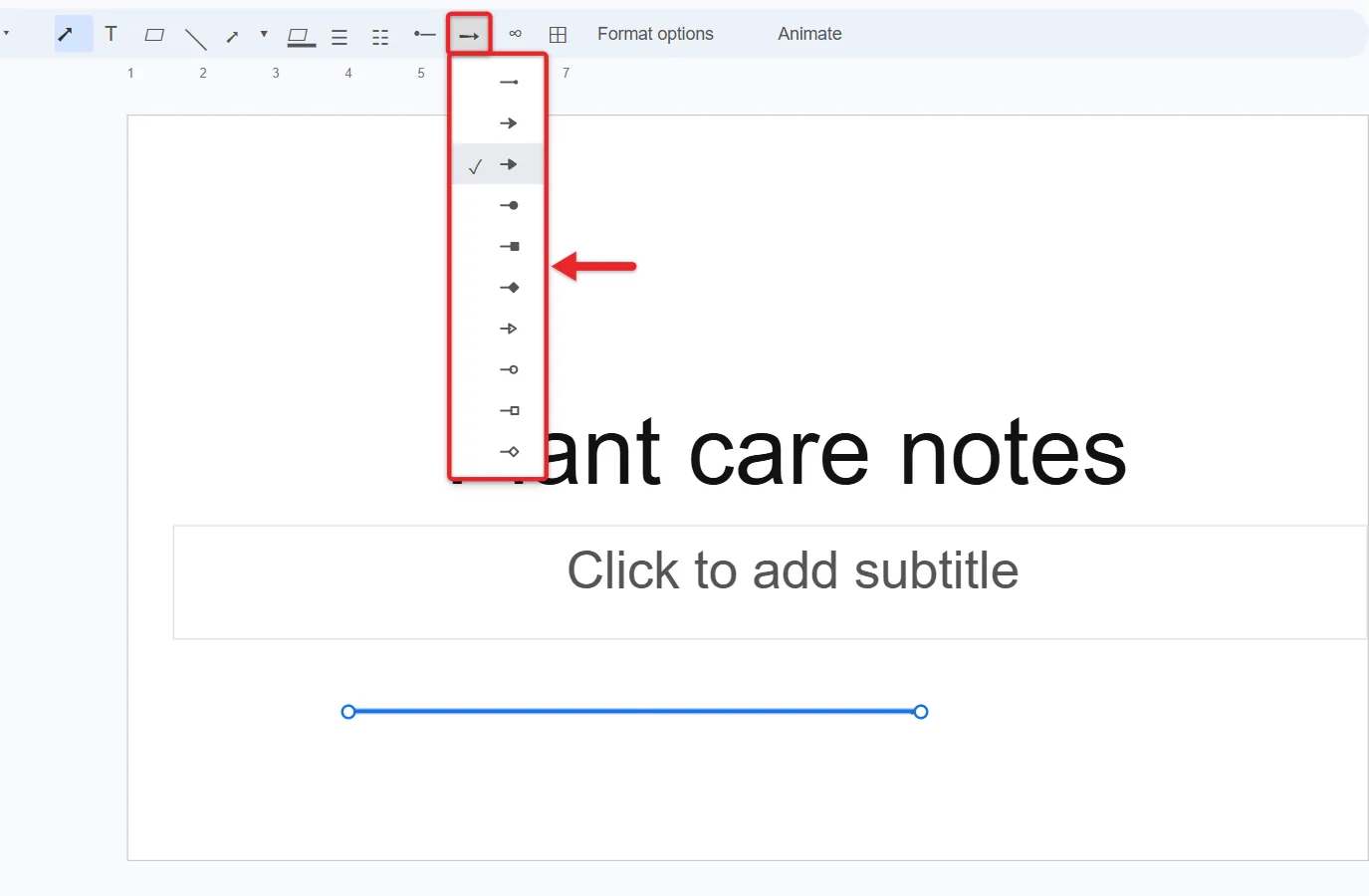 How to Add an Arrow in Google Slides 2 Google Slides toolbar with the Line end menu open showing arrowhead styles for a selected arrow