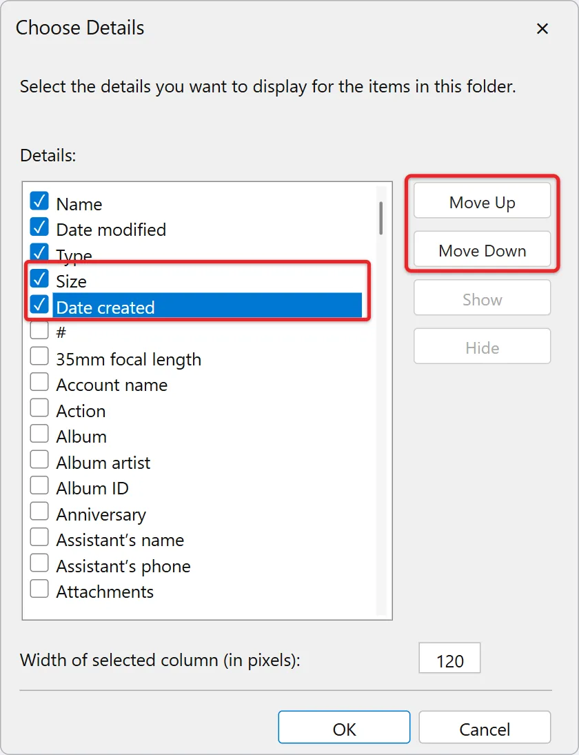 How to Add Another Column in Windows File Explorer 2 File Explorer Choose Details window with Date created and Size checked and the Move Up and Move Down buttons