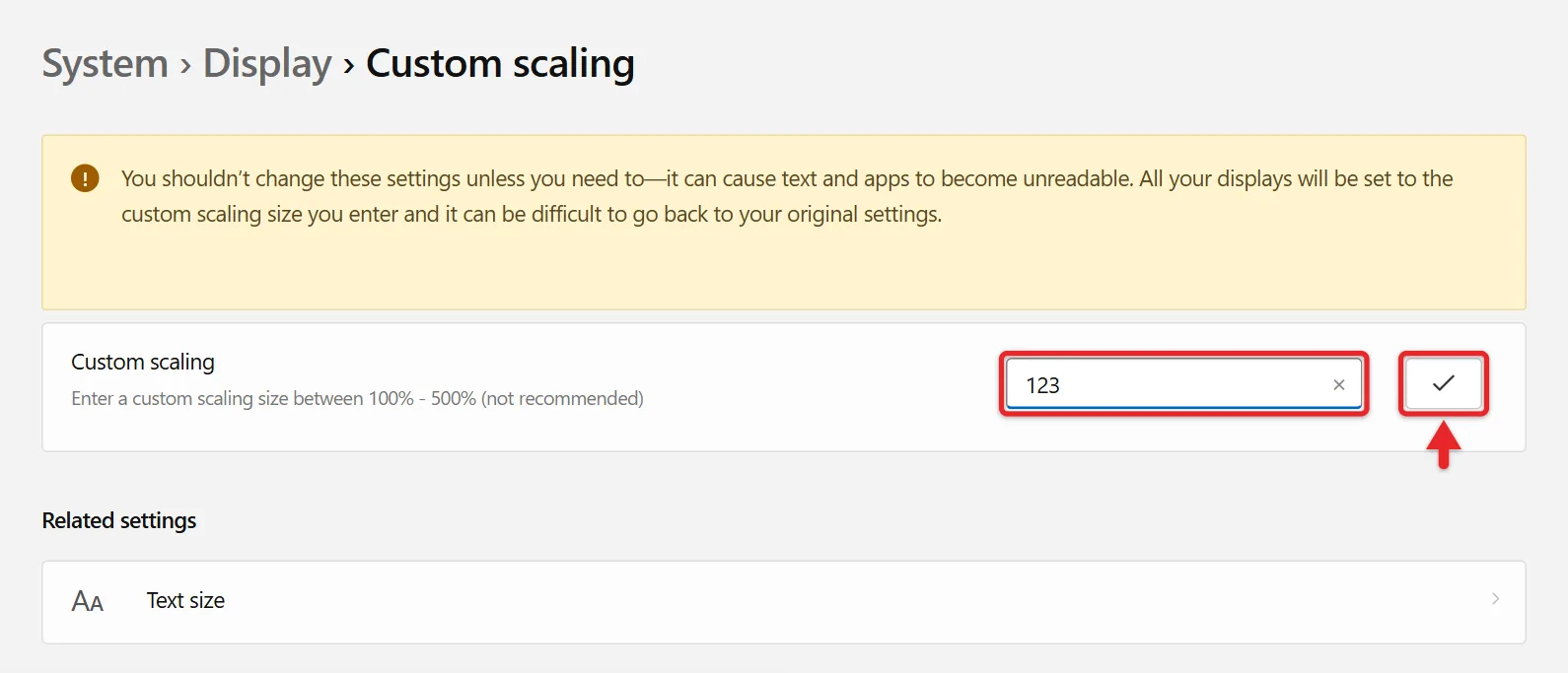 How to Adjust Screen Size on a Second Monitor in Windows 11 4 Recreated Windows 11 Custom scaling page with the custom percentage box and check mark highlighted