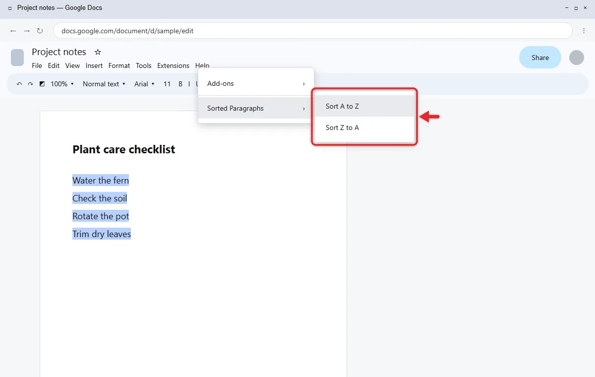 How to Alphabetize a List in Google Docs 2 Google Docs Extensions menu open with Sorted Paragraphs and its Sort A to Z option