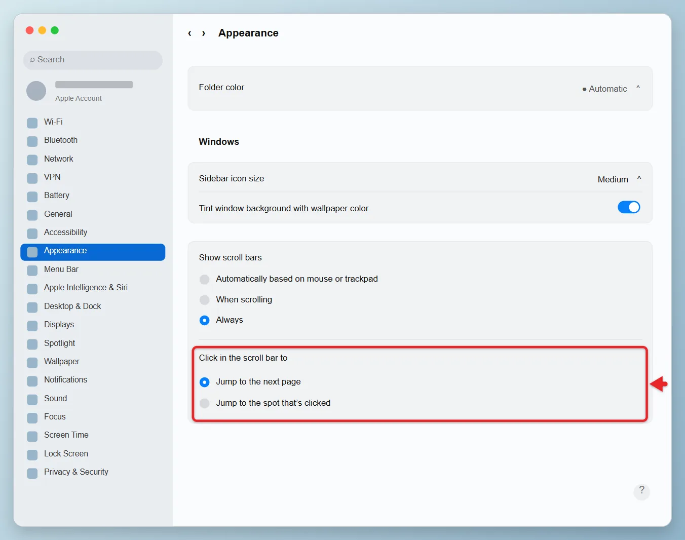 How to Always Show Scroll Bars on a Mac 3 Mac Appearance settings with Click in the scroll bar to options below Show scroll bars