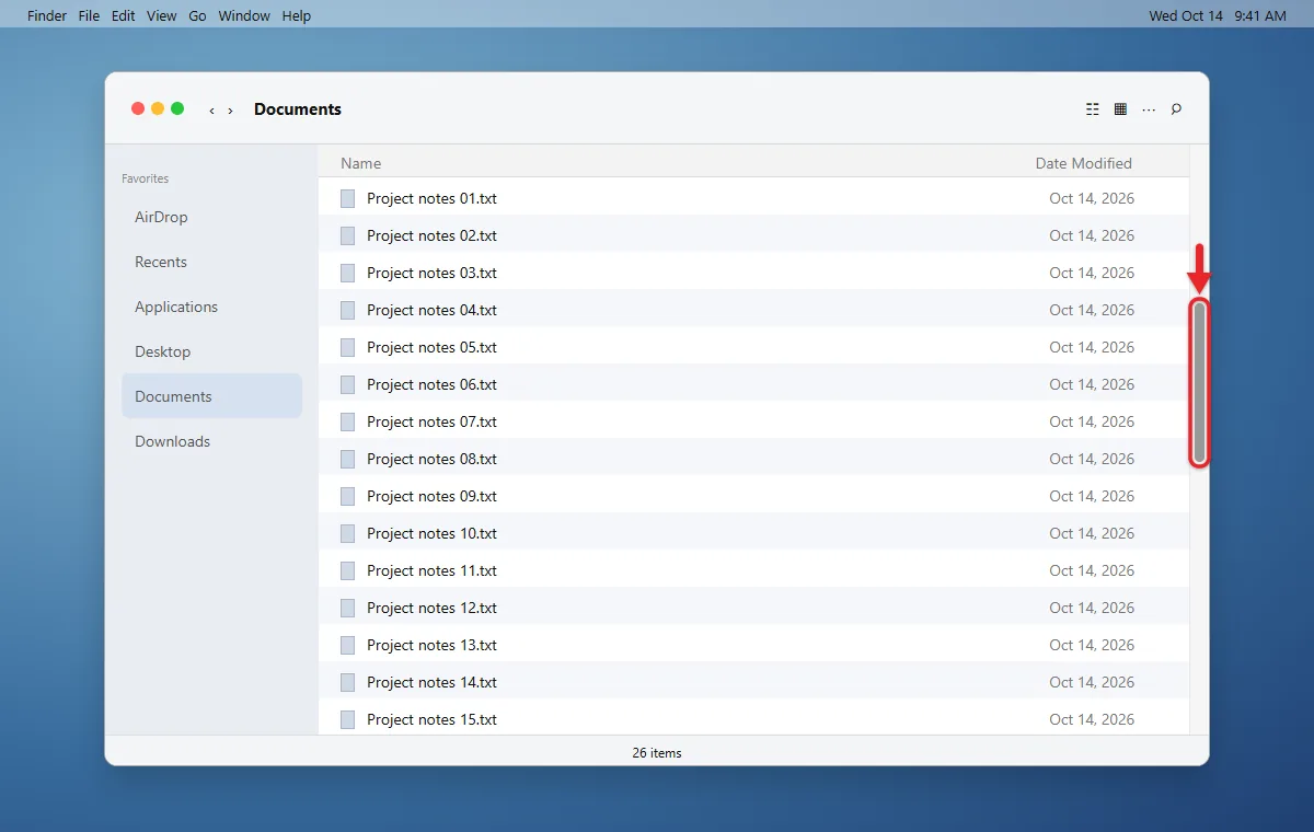 How to Always Show Scroll Bars on a Mac 2 Finder window with a visible scroll bar along its right edge