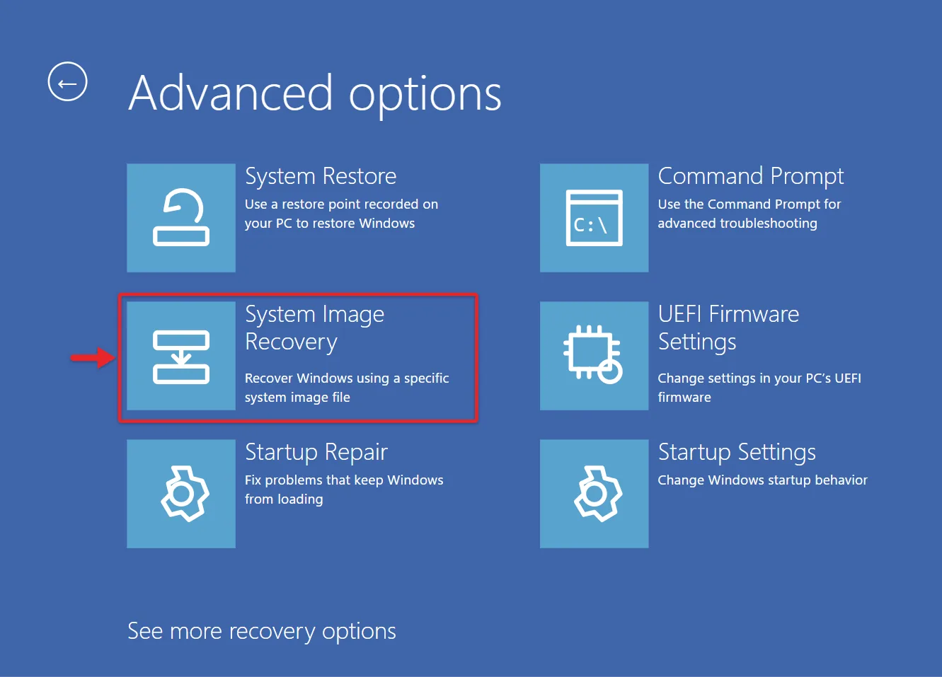 How to Back Up Windows 10 to an External Hard Drive 3 Windows 10 Advanced options screen showing System Image Recovery