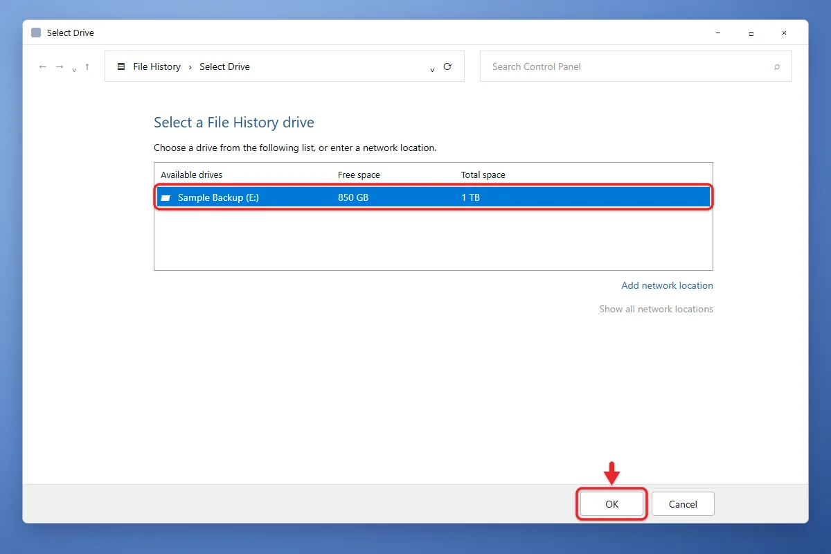 How to Back Up Windows 11 to an External Hard Drive 1 File History Select drive window with an external drive selected