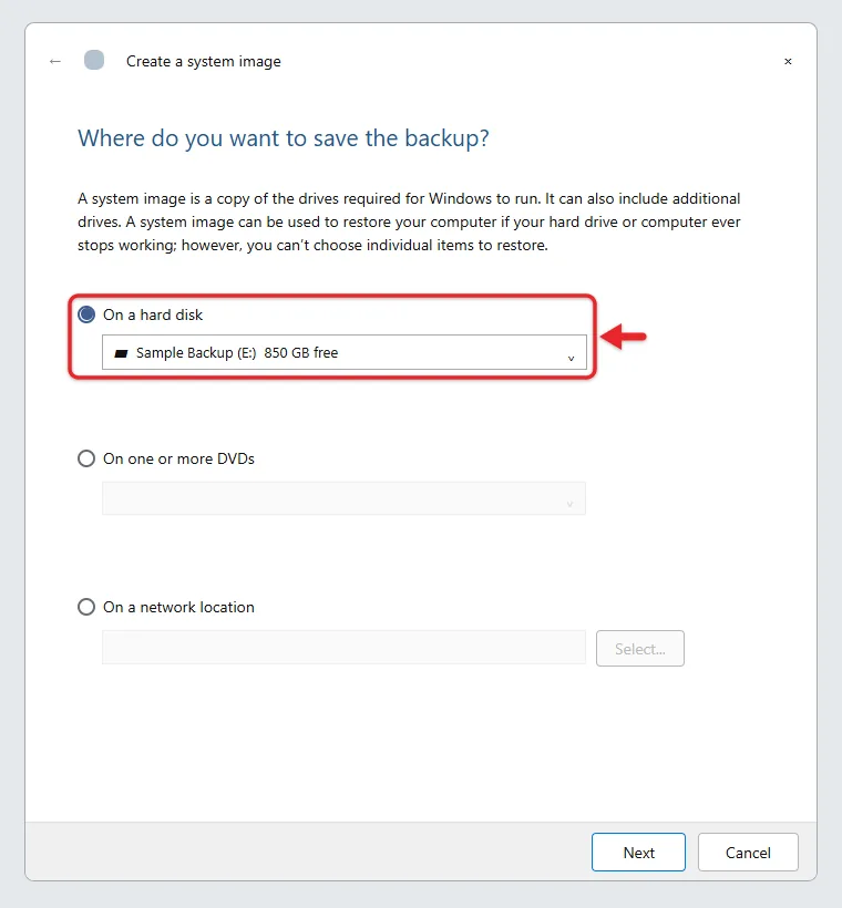 How to Back Up Windows 11 to an External Hard Drive 3 Create a system image wizard with On a hard disk selected and an external drive chosen