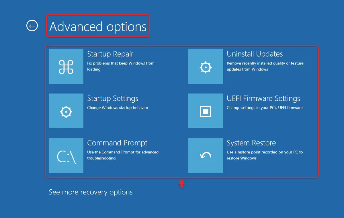 How to Boot Into Recovery Mode in Windows 11 1 Windows Recovery Environment Advanced options screen with the list of tools