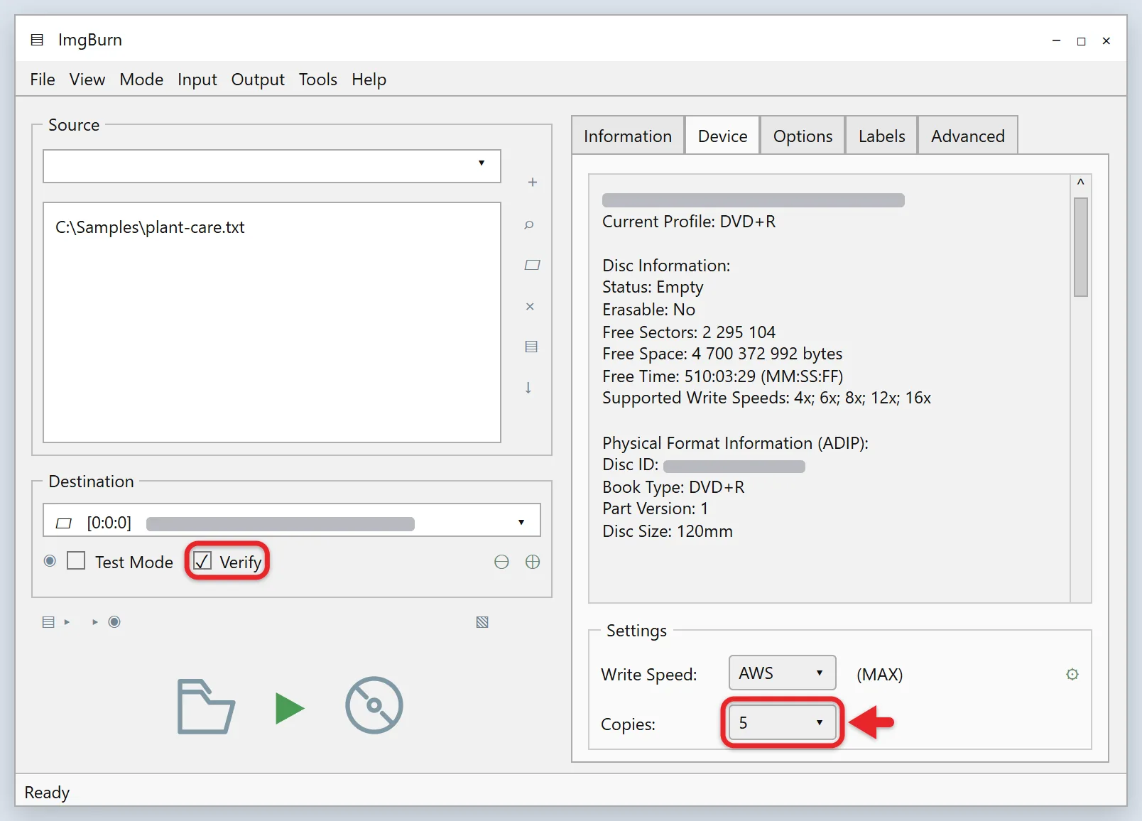 How to Burn Multiple Disc Copies For Free 3 ImgBurn Build mode with the Device tab open, Copies set to 5 and Verify checked