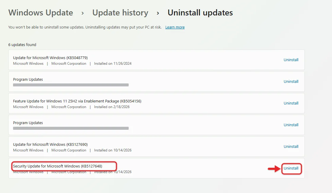 How to Cancel a Windows 11 Update in Progress 3 Uninstall updates list in Windows 11 Settings with KB numbers and Uninstall buttons