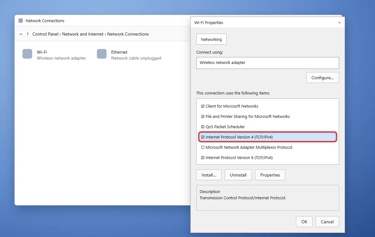 How to Change Adapter Settings in Windows 11 2 Wi-Fi Properties dialog in Network Connections with TCP/IPv4 selected
