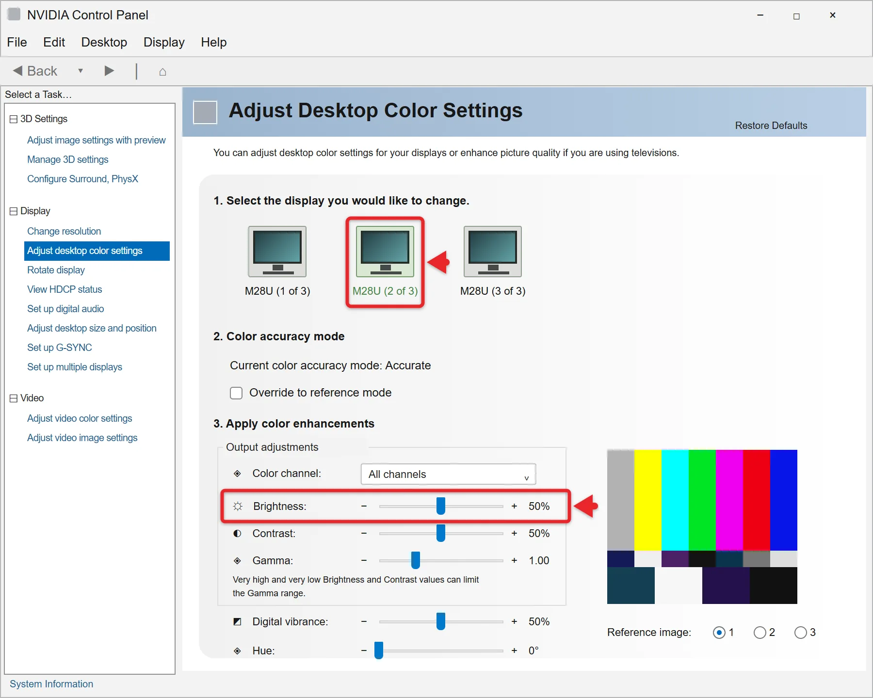 How to Change Brightness on a Second Monitor in Windows 11 5 NVIDIA Control Panel with the second of three displays selected and the Brightness slider highlighted under Apply color enhancements
