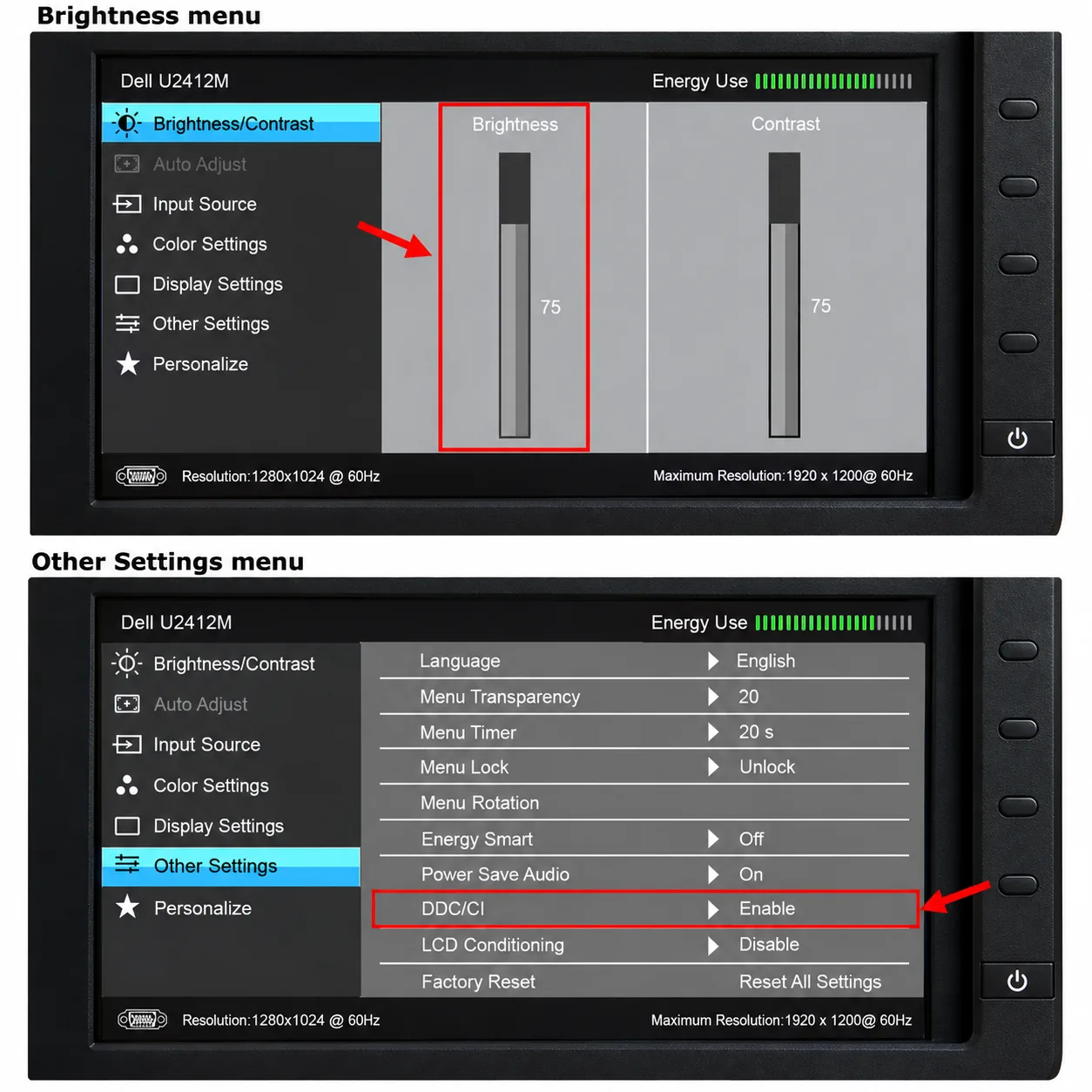 How to Change Brightness on a Second Monitor in Windows 11 3 Recreated Dell U2412M monitor menu views with Brightness and DDC/CI Enable highlighted