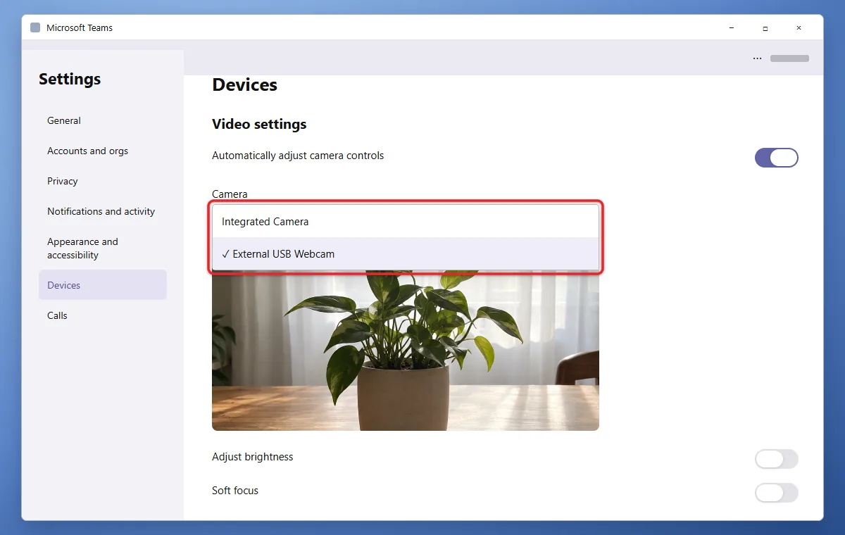 How to Change Your Default Camera in Windows 11 1 Microsoft Teams Devices settings with the Camera drop-down open