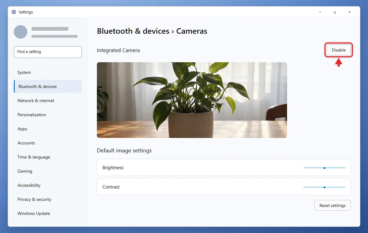How to Change Your Default Camera in Windows 11 3 Windows 11 camera settings page with the Disable button