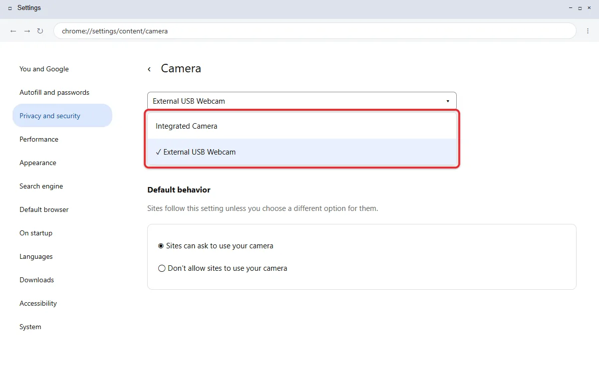 How to Change Your Default Camera in Windows 11 2 Chrome camera site settings with a default camera drop-down