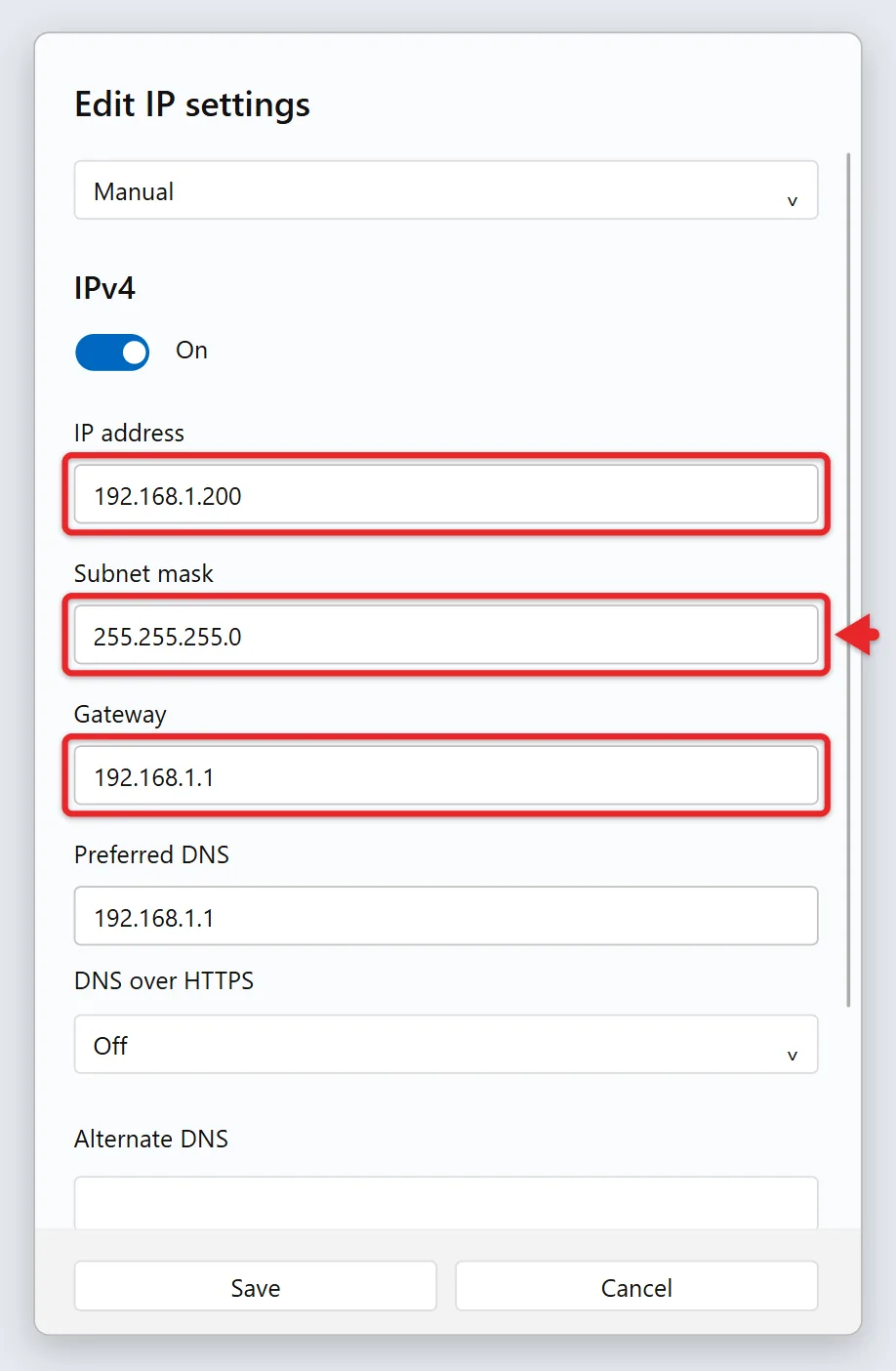 How to Change Your IP Address in Windows 11 1 Windows 11 Edit IP settings window set to Manual with IPv4 turned on and IP address, subnet mask, gateway and DNS filled in