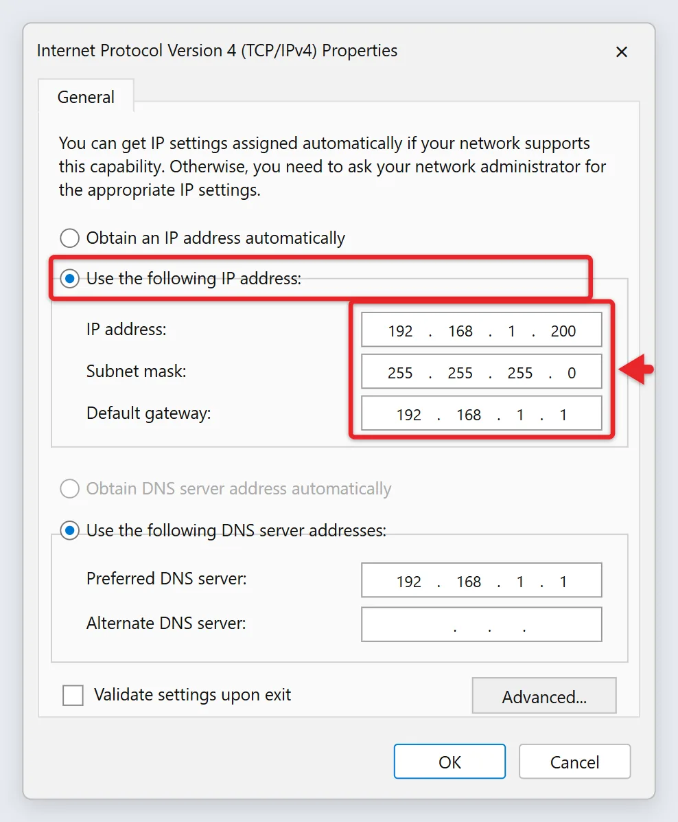 How to Change Your IP Address in Windows 11 3 Internet Protocol Version 4 Properties dialog with Use the following IP address selected and example values entered