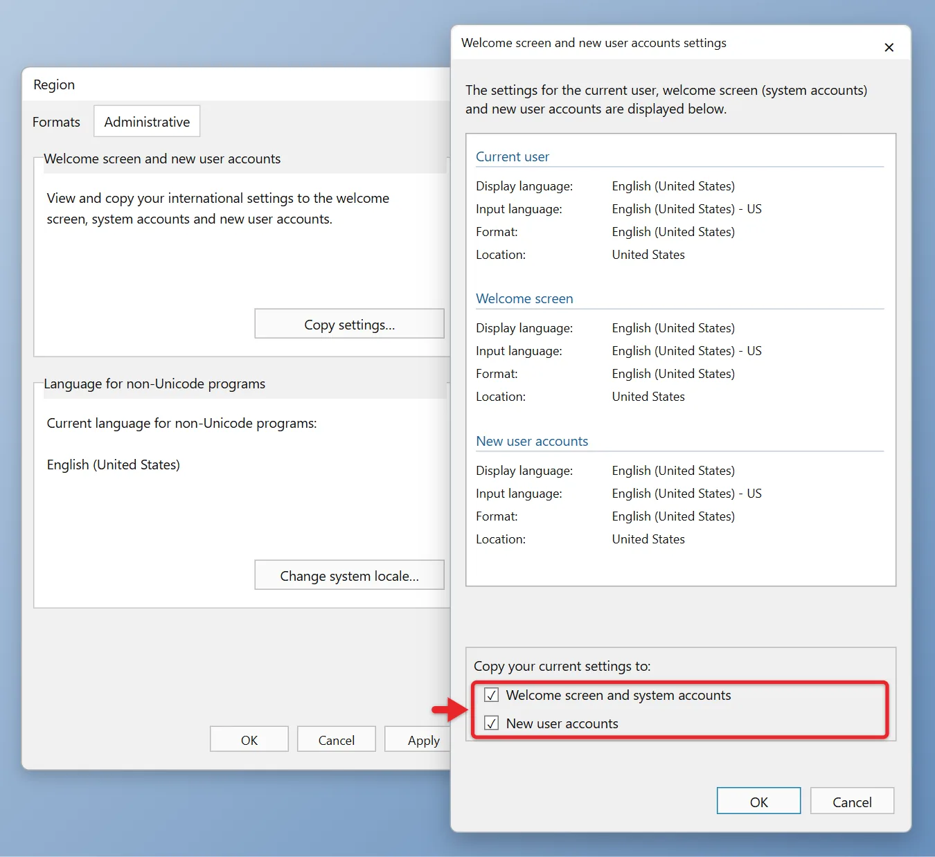 How to Change the Language in Windows 11 4 Windows 11 Welcome screen and new user accounts settings dialog with Welcome screen and system accounts and New user accounts checked