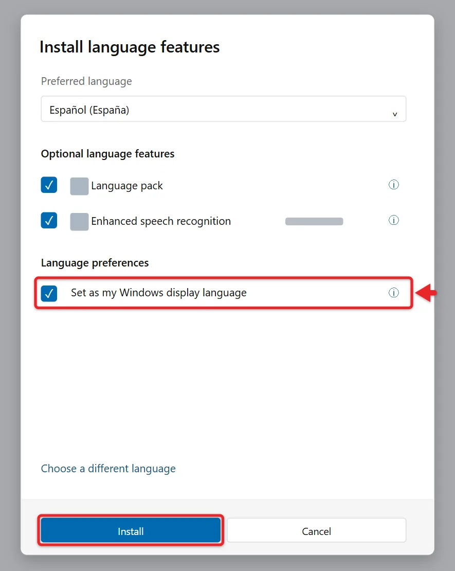 How to Change the Language in Windows 11 2 Windows 11 Install language features dialog with Set as my Windows display language checked