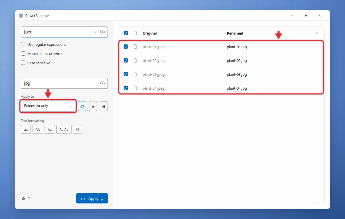 How to Change Multiple File Extensions in Windows 11 2 PowerRename preview changing jpeg extensions to jpg with Extension only selected