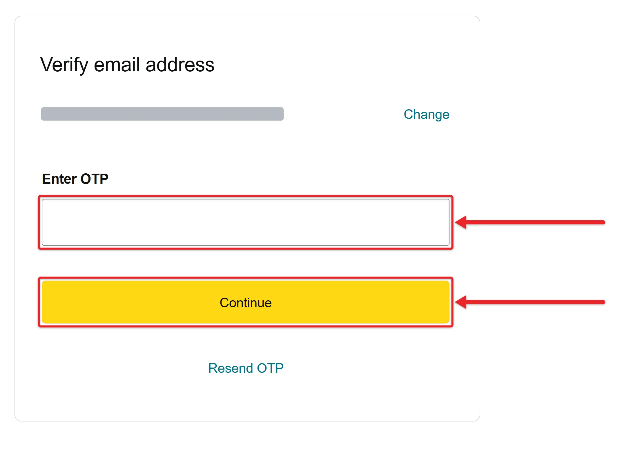 How to Change Your Email Address on Amazon 1 Recreated cropped Amazon email verification example with the address hidden, an empty Enter OTP field and yellow Continue button outlined in red