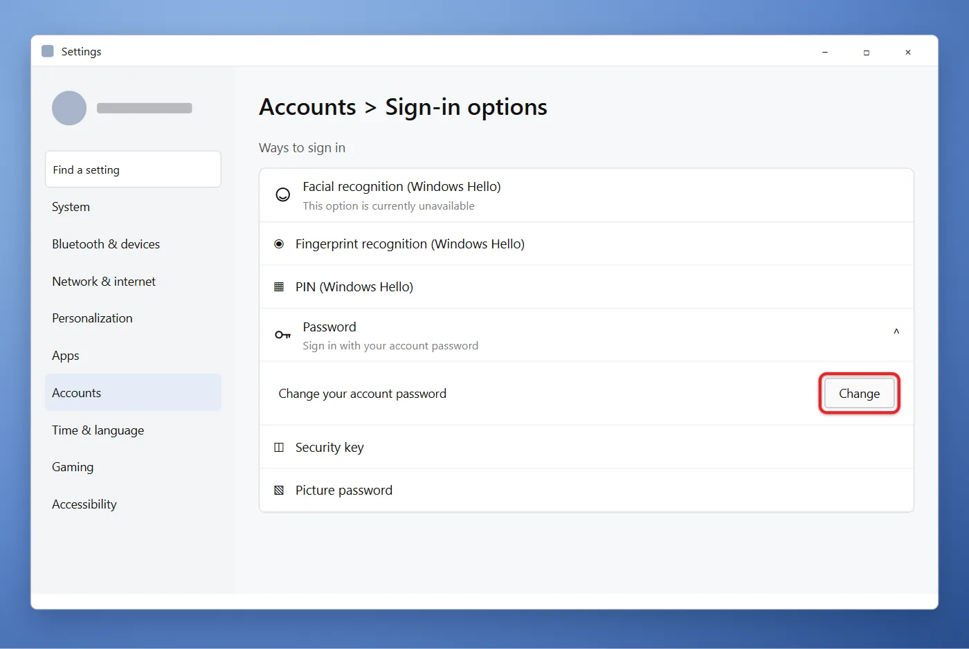 How to Change Your Password on Windows 11 2 Windows 11 Sign-in options page with the Password Change button