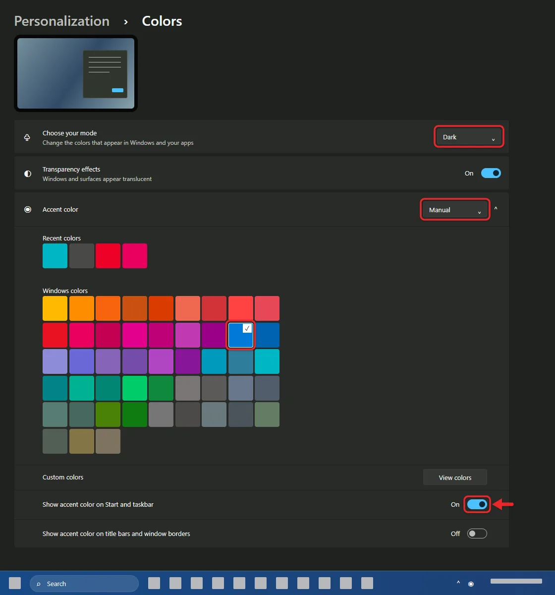 How to Change the Taskbar Color in Windows 11 2 Windows Colors settings with Dark mode, a manual accent color, and Show accent color on Start and taskbar on