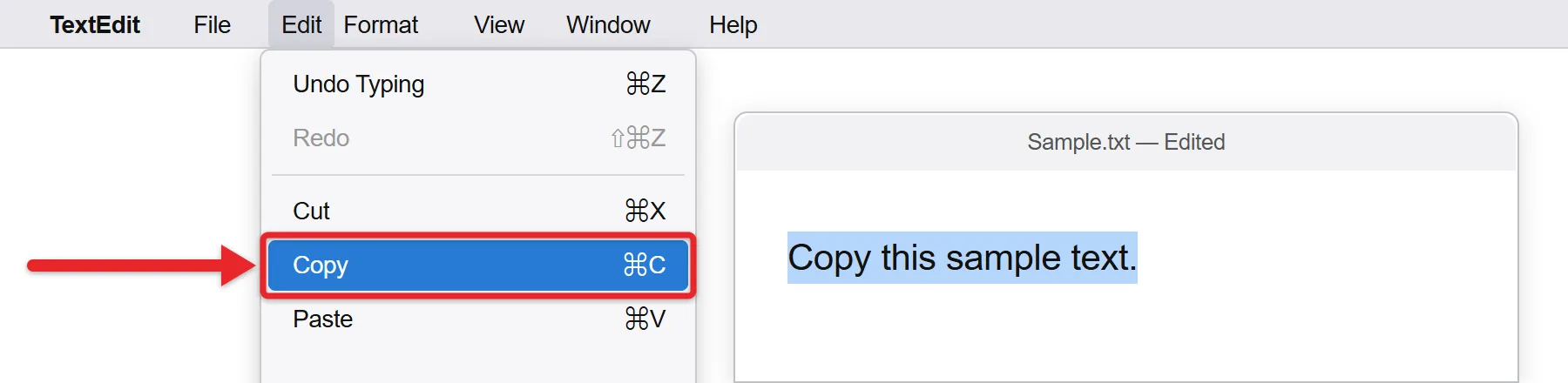 How to Change the Command Key for a Mac on a Windows Keyboard 4 Recreated TextEdit detail with sample text selected and Copy with the Command-C shortcut outlined in the Edit menu