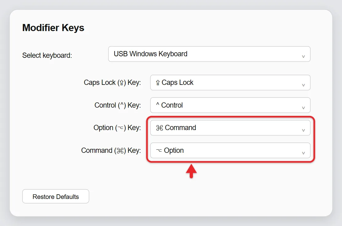 How to Change the Command Key for a Mac on a Windows Keyboard 2 macOS Modifier Keys settings for a Windows keyboard with Option and Command swapped