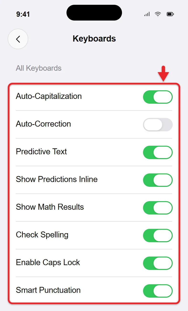 How to Change the Auto-Correct Setting on an iPhone 2 iPhone Keyboard settings showing Auto-Capitalization, Check Spelling, Smart Punctuation and other switches