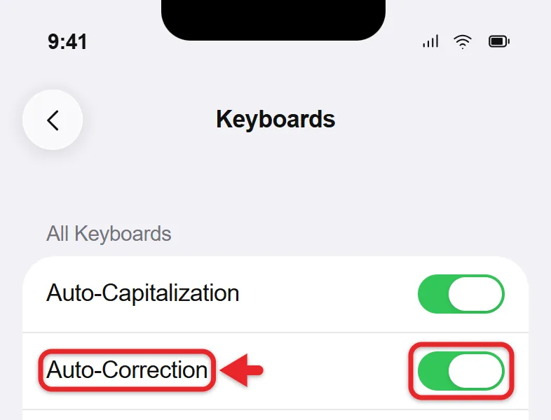 How to Change the Auto-Correct Setting on an iPhone 1 iPhone Keyboard settings with the Auto-Correction switch in the All Keyboards section