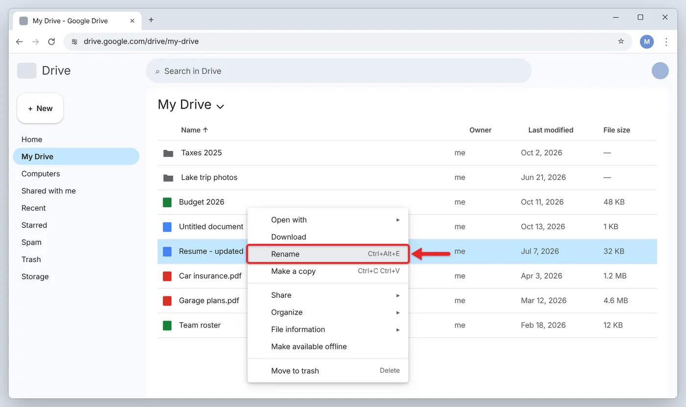 How to Change the Name of a File in Google Drive 1 Google Drive right-click menu on a file with the Rename option highlighted