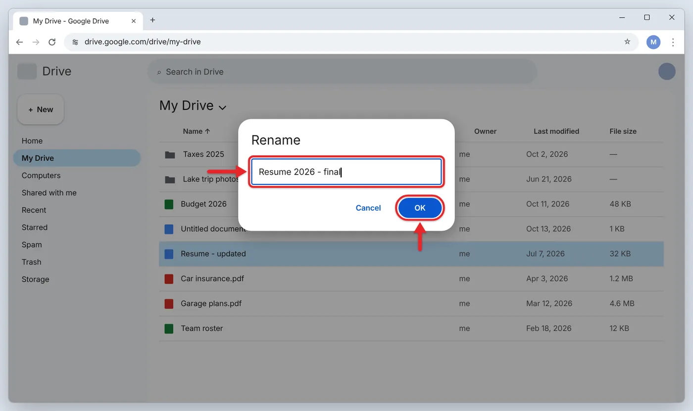 How to Change the Name of a File in Google Drive 2 Google Drive Rename window with a new file name typed in the text box