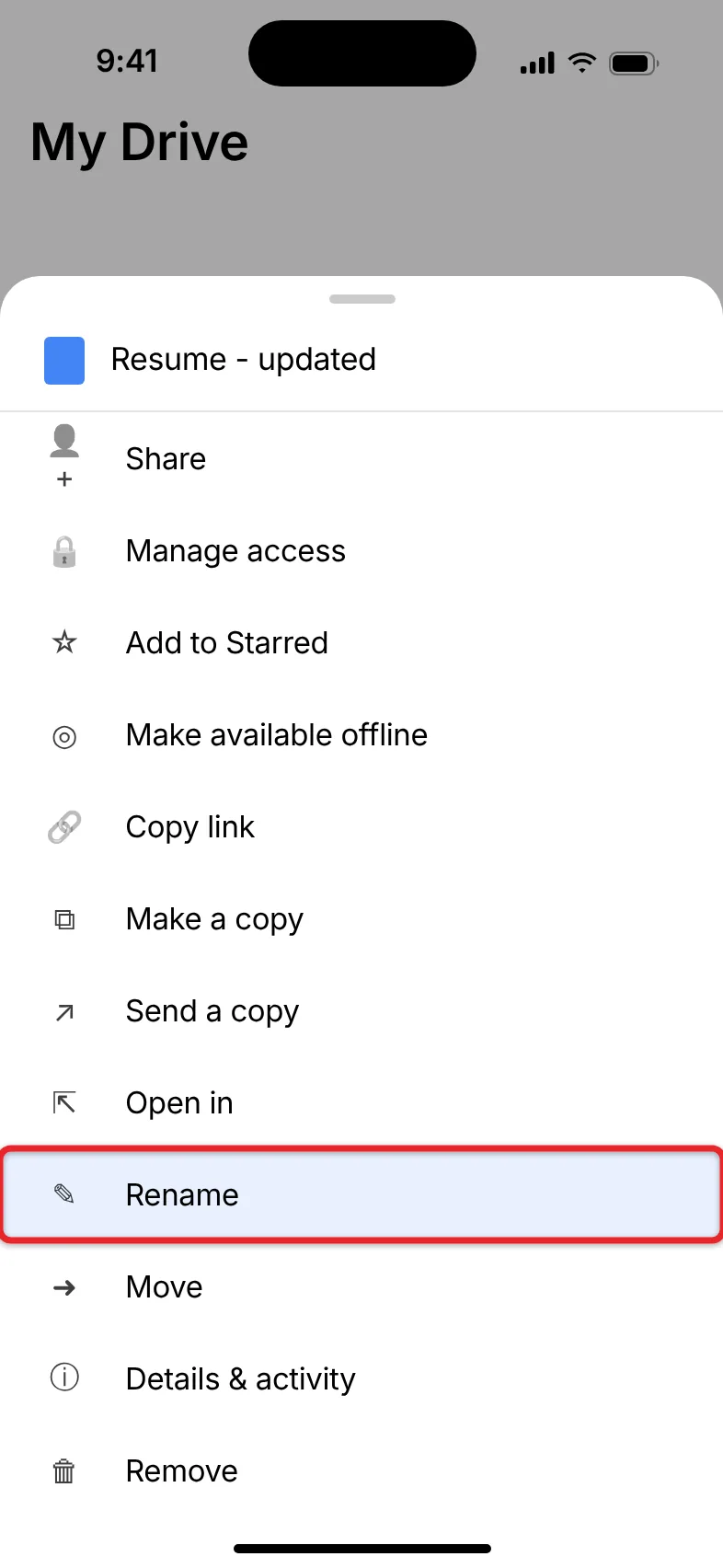 How to Change the Name of a File in Google Drive 4 Google Drive phone app file menu with the Rename option