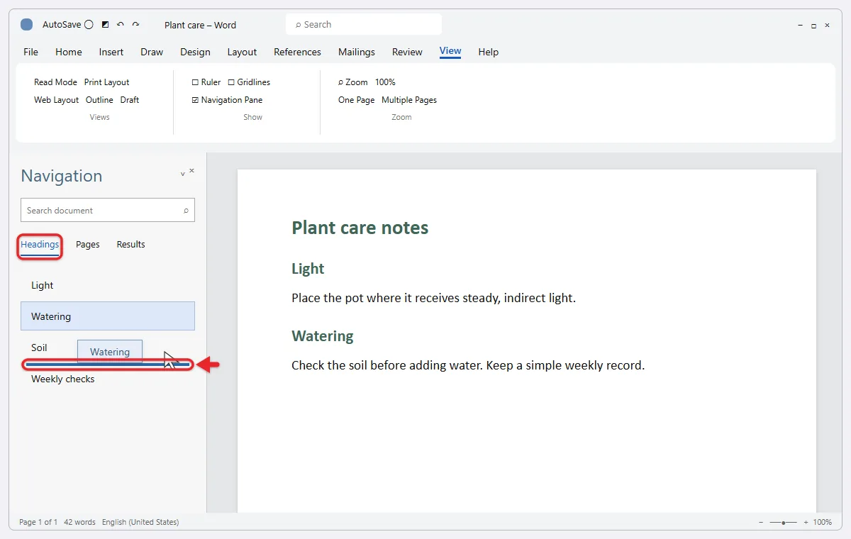 How to Change the Page Order in Word 2 Word Navigation pane on the Headings tab with a heading being dragged to a new spot in the list