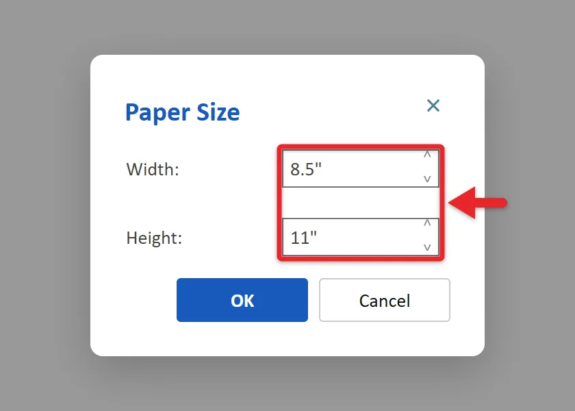 How to Change the Paper Size in Word Online 3 Word for the web Custom Page Size box with width and height fields