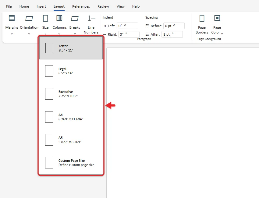 How to Change the Paper Size in Word Online 2 Word for the web Layout tab with the Size menu open listing Letter, Legal and A4