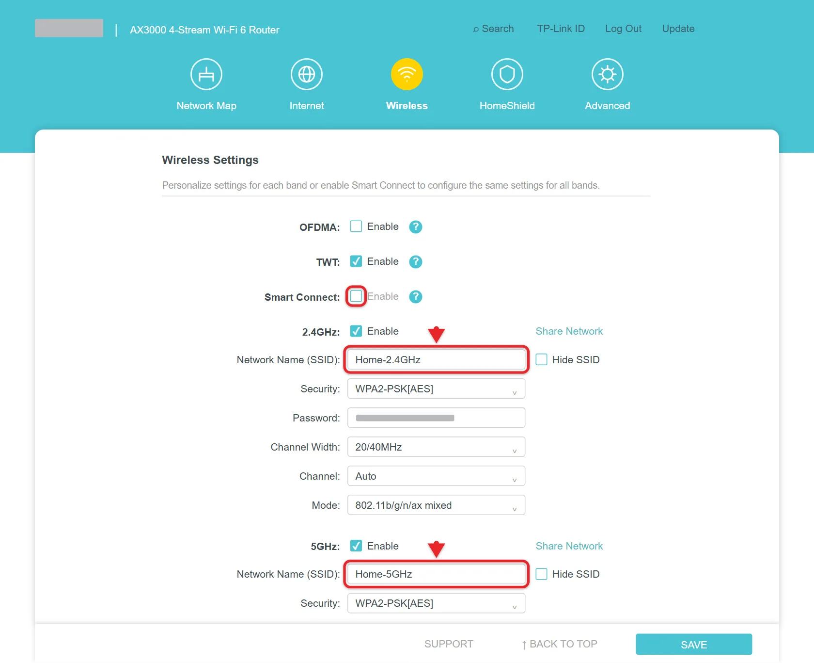 How to Change Your Wi-Fi to 2.4 GHz on Your Router 1 Router wireless settings with Smart Connect off and separate 2.4 GHz and 5 GHz network names