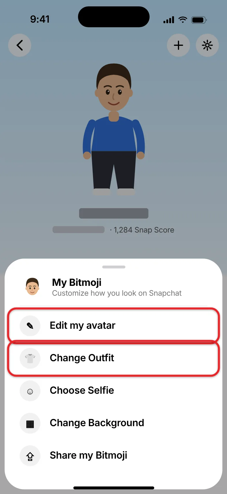 How to Change Your Bitmoji Avatar on an iPhone 1 Snapchat profile on iPhone with the Bitmoji menu showing Edit my avatar and Change Outfit