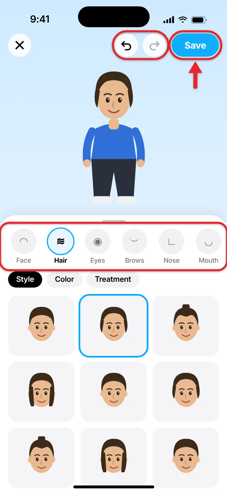 How to Change Your Bitmoji Avatar on an iPhone 2 Snapchat Bitmoji avatar editor with the hair options and Save button