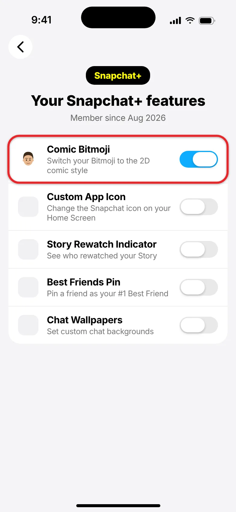 How to Change Your Bitmoji Avatar on an iPhone 4 Comic Bitmoji switch on the Snapchat+ page